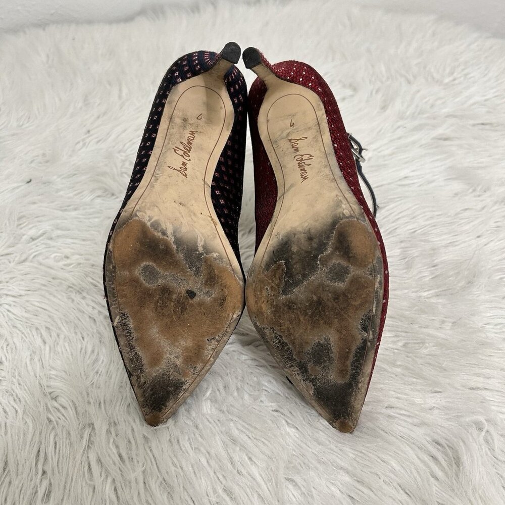 Sam Edelman Two-Tone Embellished Ankle-Strap Pointed Heels in Red and Navy - Picture 8 of 11